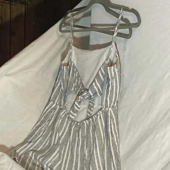 Linen Blend Striped Tie-Front Sundress Boho Summer Dress Petite Small - Picture 4 of 5